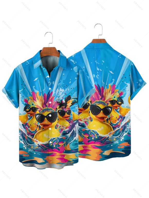 Hawaii Couple Outfit Duck with Sunglasses Wave Pattern Spaghetti Strap A Line Mini Dress and Roll Up Sleeve Shirt Vacation Matching Outfit - Bleu S | US 4