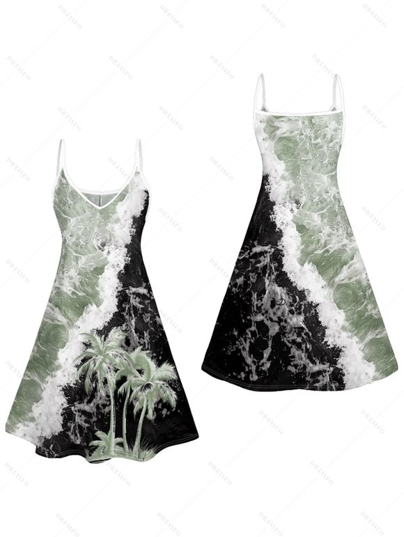 Mini Robe de Vacances Ligne A Motif D'Arbre Noix de Coco Fleurie à Bretelle Fine - Vert clair S | US 4