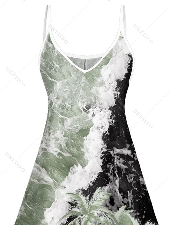 Mini Robe de Vacances Ligne A Motif D'Arbre Noix de Coco Fleurie à Bretelle Fine - Vert clair S | US 4