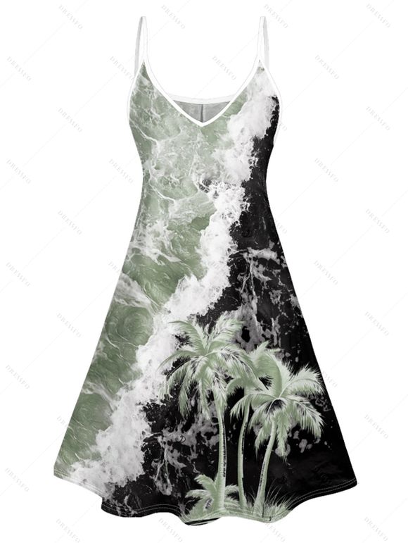 Vacation Couple Outfit Contrast Color Printed Coconut Tree Pattern Spaghetti Strap A Line Mini Dress and Roll Up Sleeve Shirt Matching Outfit - Vert clair S | US 4
