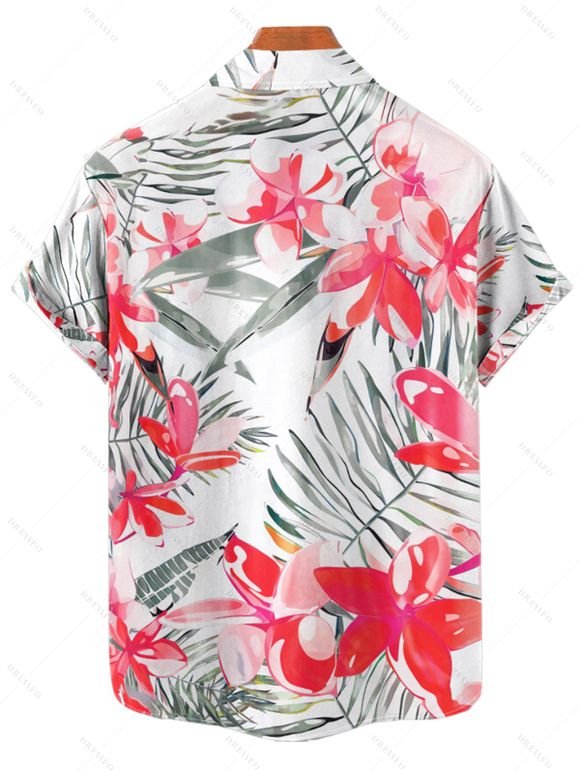 Chemise de Plage de Vacances Fleur Tropicale Imprimée Boutonnée à Manches Roulées pour Homme - Rose clair 2XL