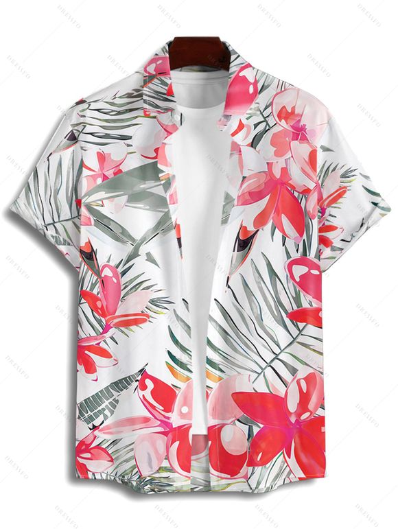 Chemise de Plage de Vacances Fleur Tropicale Imprimée Boutonnée à Manches Roulées pour Homme - Rose clair 2XL