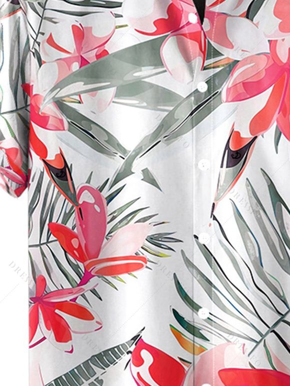 Chemise de Plage de Vacances Fleur Tropicale Imprimée Boutonnée à Manches Roulées pour Homme - Rose clair 2XL