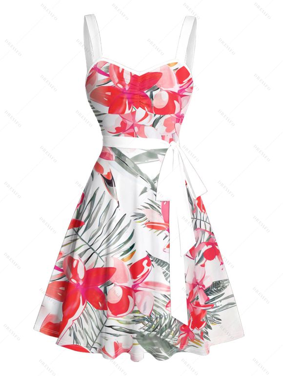 Vacation Couple Outfit Tropical Leaf Floral Print Ruched Bust Belt A Line Dress and Roll Up Sleeve Button Up Shirt Matching Outfit - Rose clair S | US 4
