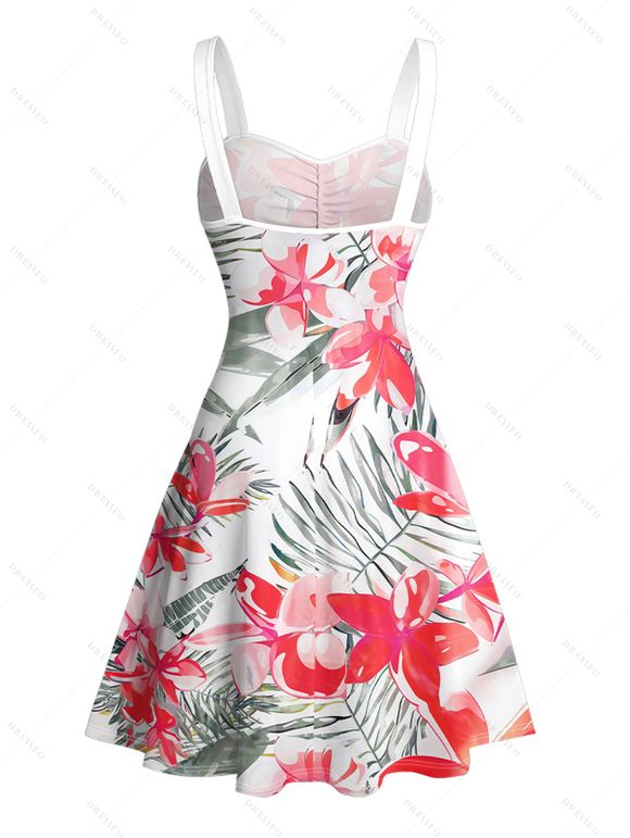 Vacation Couple Outfit Tropical Leaf Floral Print Ruched Bust Belt A Line Dress and Roll Up Sleeve Button Up Shirt Matching Outfit - Rose clair S | US 4