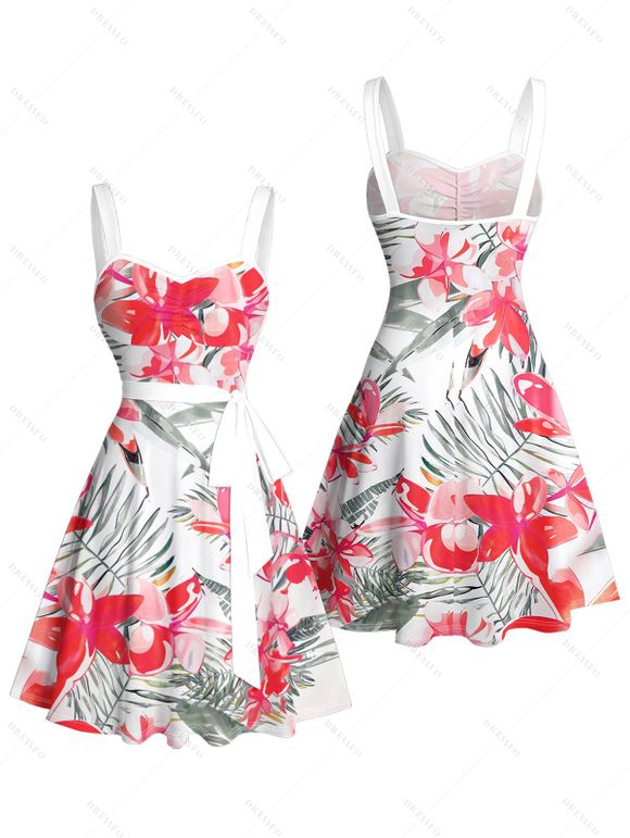 Vacation Couple Outfit Tropical Leaf Floral Print Ruched Bust Belt A Line Dress and Roll Up Sleeve Button Up Shirt Matching Outfit - Rose clair S | US 4