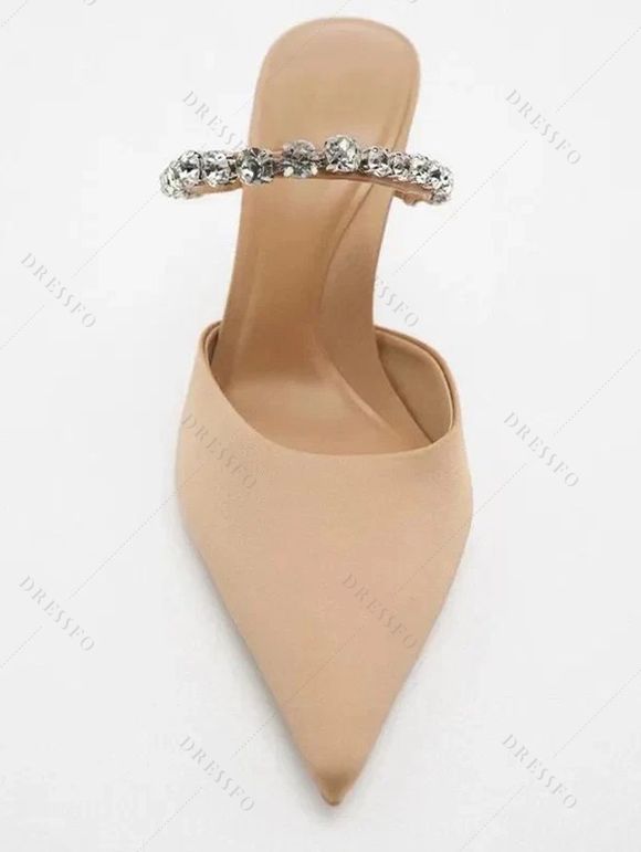 Solid Color Pointed Toe Artificial Crystal High Heels Slip On Trendy Sandals - café lumière EU 42