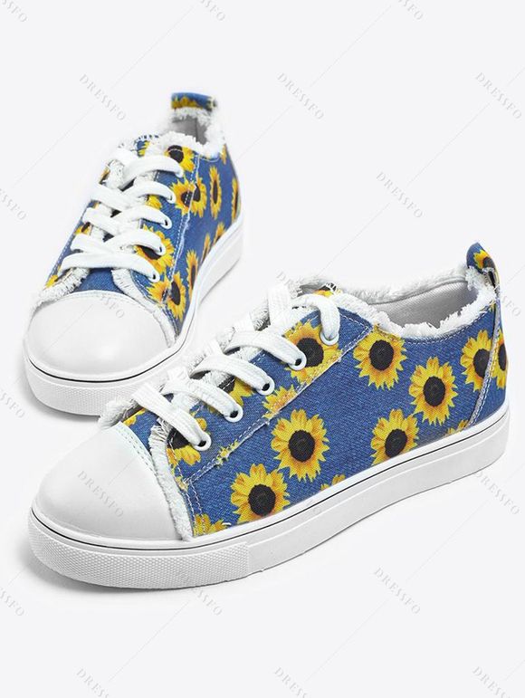Sunflower Pattern Flat Platform Lace Up Frayed Hem Casual Canvas Shoes - Bleu EU 37