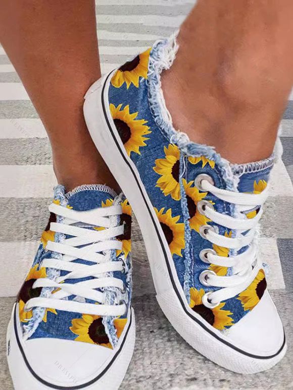 Sunflower Pattern Flat Platform Lace Up Frayed Hem Casual Canvas Shoes - Bleu EU 37