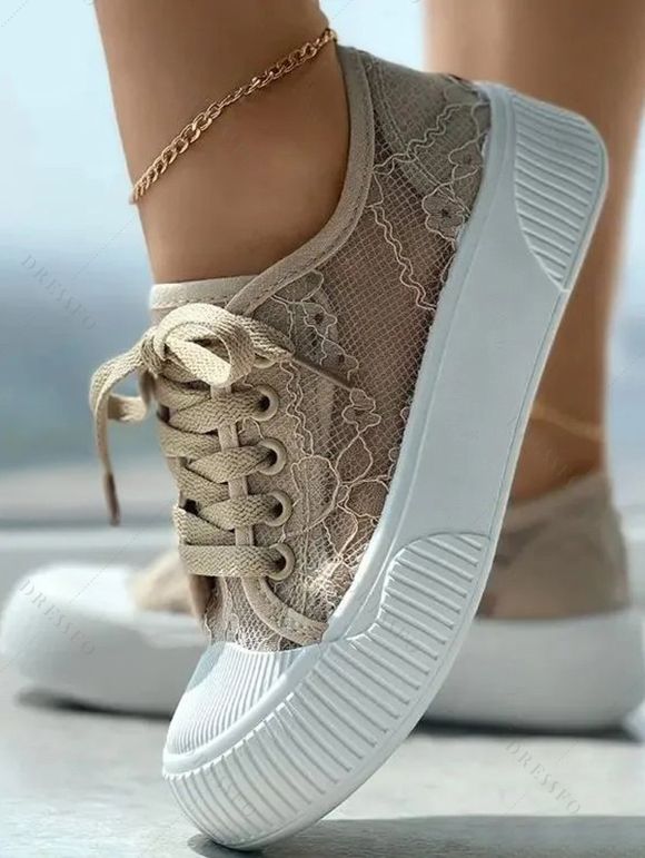 See Thru Lace Up Flat Platform Thick Platform Casual Shoes - LIGHT COFFEE EU 40
