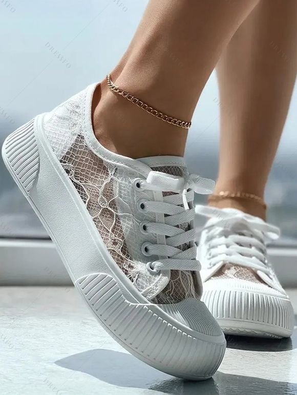 See Thru Lace Up Flat Platform Thick Platform Casual Shoes - Blanc EU 37