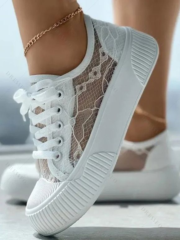 See Thru Lace Up Flat Platform Thick Platform Casual Shoes - Blanc EU 37