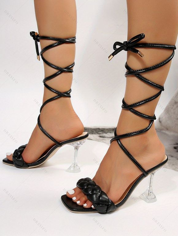Plain Color Braided Lace Up Square Open Toe High Heels Party Sandals - Noir EU 42