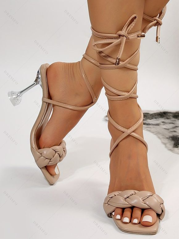 Plain Color Braided Lace Up Square Open Toe High Heels Party Sandals - café lumière EU 42