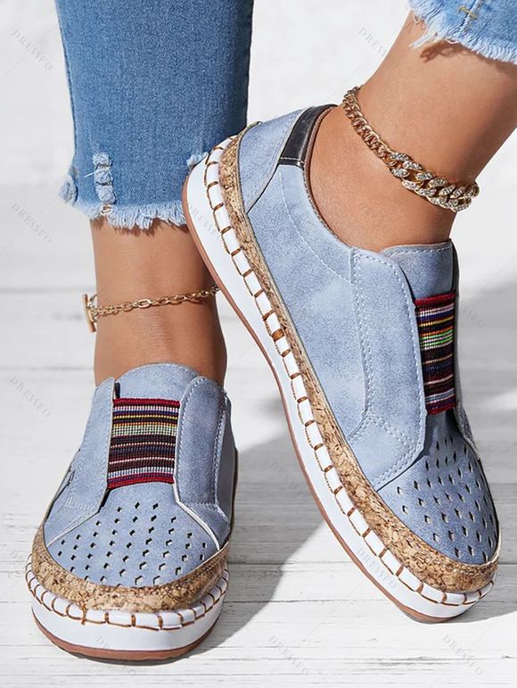 Cat Pattern Hollow Out Colored Striped Slip On Flat Platform Casual Shoes - Bleu clair EU 37