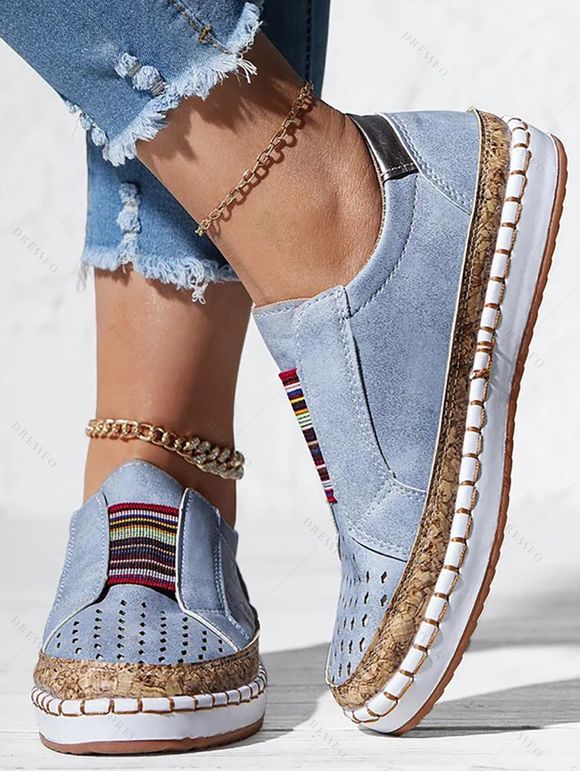 Cat Pattern Hollow Out Colored Striped Slip On Flat Platform Casual Shoes - Bleu clair EU 37