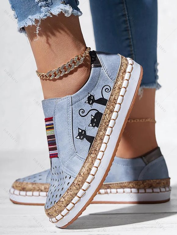 Cat Pattern Hollow Out Colored Striped Slip On Flat Platform Casual Shoes - Bleu clair EU 37