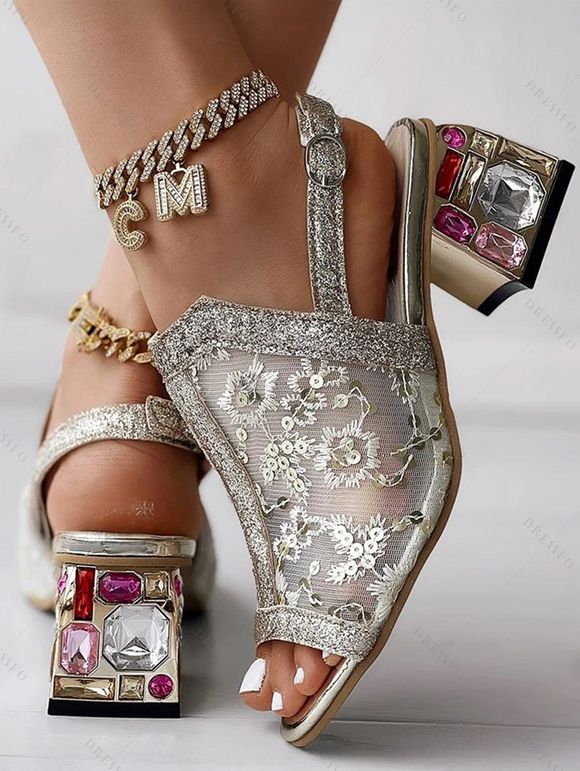 Lace See Thru Buckle Strap Chunky Heels Artificial Crystal Open Toe Vintage Sandals - d'or EU 42