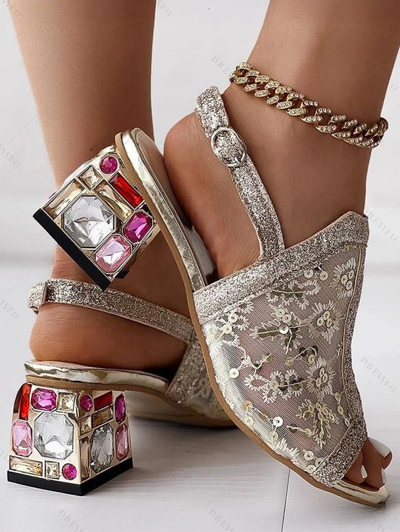 Lace See Thru Buckle Strap Chunky Heels Artificial Crystal Open Toe Vintage Sandals - d'or EU 42