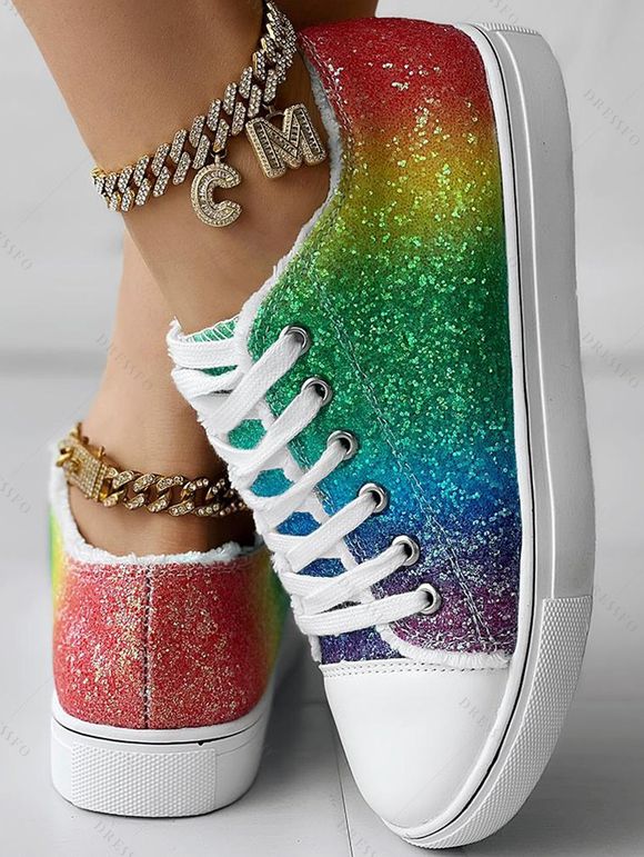 Ombre Colored Sequined Lace Up Frayed Hem Flat Platform Casual Canvas Shoes - multicolor A EU 37