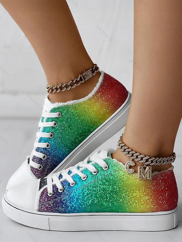 Ombre Colored Sequined Lace Up Frayed Hem Flat Platform Casual Canvas Shoes - multicolor A EU 37