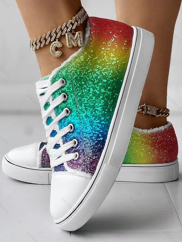 Ombre Colored Sequined Lace Up Frayed Hem Flat Platform Casual Canvas Shoes - multicolor A EU 37