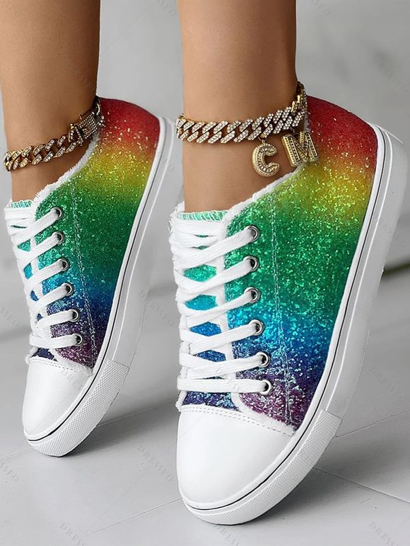 Ombre Colored Sequined Lace Up Frayed Hem Flat Platform Casual Canvas Shoes - multicolor A EU 37