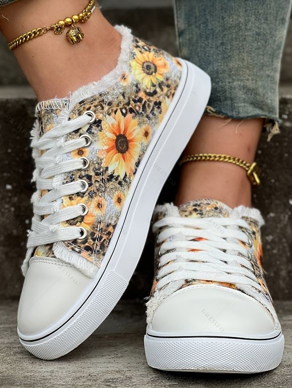 Sunflower Leopard Print Lace Up Frayed Hem Plat Platform Casual Canvas Shoes - Jaune EU 37