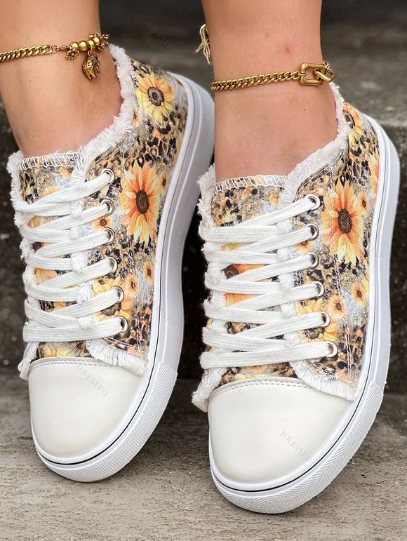 Sunflower Leopard Print Lace Up Frayed Hem Plat Platform Casual Canvas Shoes - Jaune EU 37