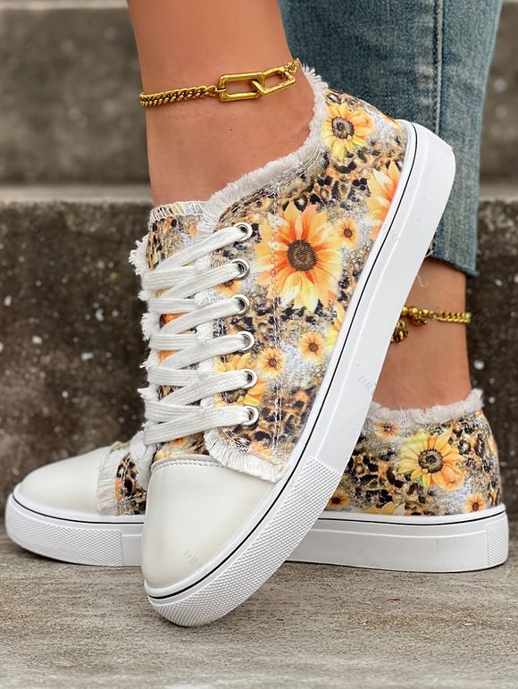 Sunflower Leopard Print Lace Up Frayed Hem Plat Platform Casual Canvas Shoes - Jaune EU 37