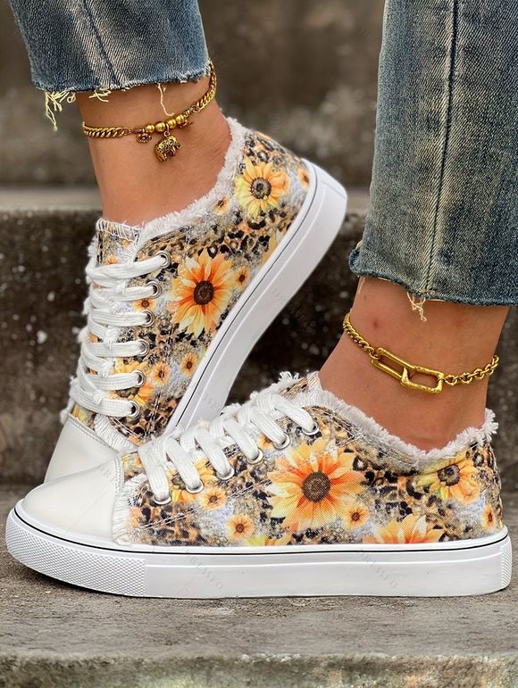 Sunflower Leopard Print Lace Up Frayed Hem Plat Platform Casual Canvas Shoes - Jaune EU 37