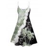 Vacation Couple Outfit Contrast Color Printed Coconut Tree Pattern Spaghetti Strap A Line Mini Dress and Roll Up Sleeve Shirt Matching Outfit - Vert clair S | US 4