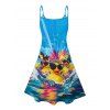 Hawaii Couple Outfit Duck with Sunglasses Wave Pattern Spaghetti Strap A Line Mini Dress and Roll Up Sleeve Shirt Vacation Matching Outfit - Bleu S | US 4