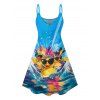 Hawaii Couple Outfit Duck with Sunglasses Wave Pattern Spaghetti Strap A Line Mini Dress and Roll Up Sleeve Shirt Vacation Matching Outfit - Bleu S | US 4