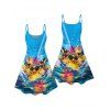 Hawaii Couple Outfit Duck with Sunglasses Wave Pattern Spaghetti Strap A Line Mini Dress and Roll Up Sleeve Shirt Vacation Matching Outfit - Bleu S | US 4