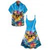 Hawaii Couple Outfit Duck with Sunglasses Wave Pattern Spaghetti Strap A Line Mini Dress and Roll Up Sleeve Shirt Vacation Matching Outfit - Bleu S | US 4