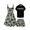 Vacation Style Palm Tree Printed Strapless Dress with Mens Short Sleeve Shirt and Mens Beach Pants Three Piece Set - Vert clair S | US 4