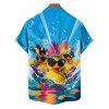 Hawaii Couple Outfit Duck with Sunglasses Wave Pattern Spaghetti Strap A Line Mini Dress and Roll Up Sleeve Shirt Vacation Matching Outfit - Bleu S | US 4