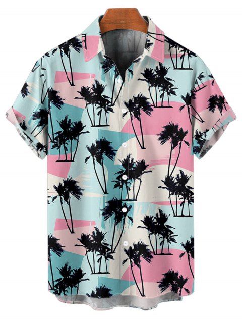 Chemise de Vacances Décontractée en Blocs de Couleurs Motif de Cocotier à Manches Courtes