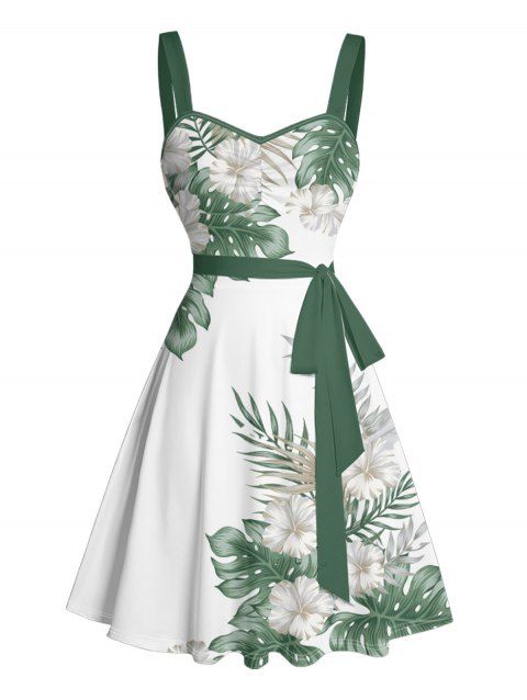 Mini Robe de Vacances Ligne A Motif de Feuille Tropicale Ceinturée Au Poitrine
