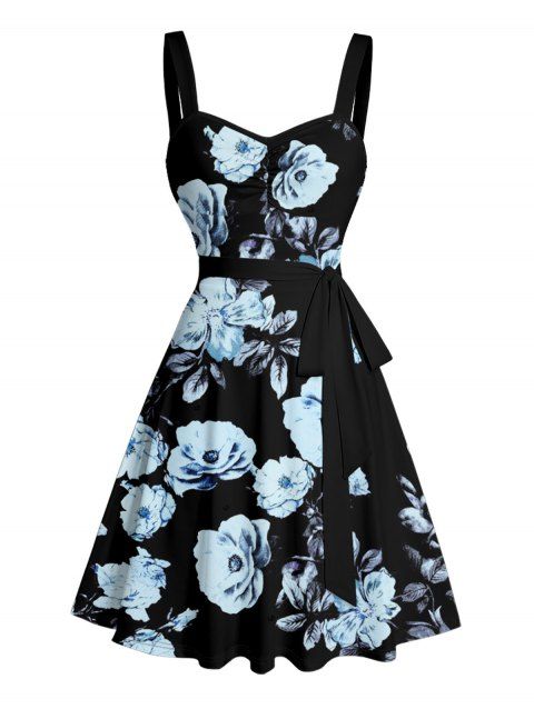 Flower Leaf Pattern Ruched Bust Vacation Belt Dress A Line Sweetheart Neck Sleeveless Mini Dress