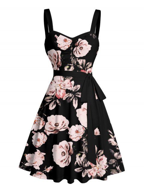 Mini Robe Ligne A de Vacances Motif de Feuille Fleurie sans Manches à Volants