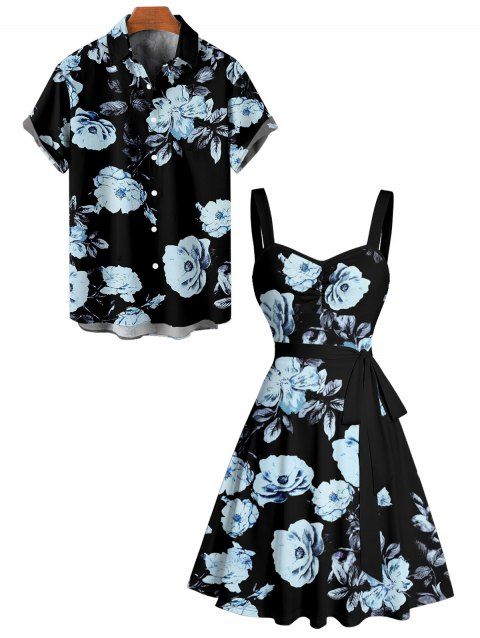 Vacation Couple Outfit Flower Leaf Pattern Ruched Bust Belt Dress A Line Sweetheart Neck Mini Dress and Roll Up Sleeve Shirt Casual Matching Outfit
