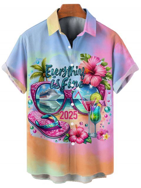 Chemise de Plage D'Hibiscus et Lettre Imprimés à Manches Courtes