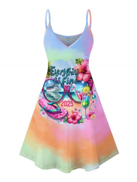Tie Dye Hibiscus Floral Letter Sunglasses Ship Pattern Beach Elements Vacation Dress Spaghetti Strap V Neck A Line Mini Tank Dress