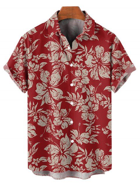 Chemise de Vacances Vintage Motif de Feuille D'Hibiscus Boutonnée à Manches Courtes