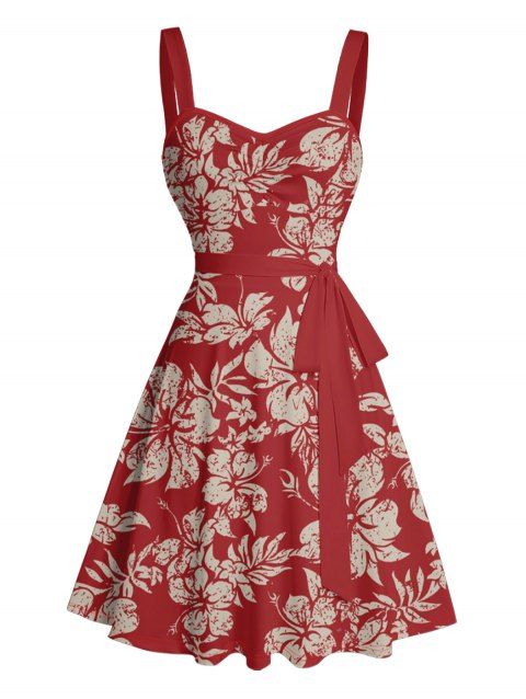 Mini Robe Ligne A Vintage Motif de Feuille Fleurie Au Poitrine à Volants