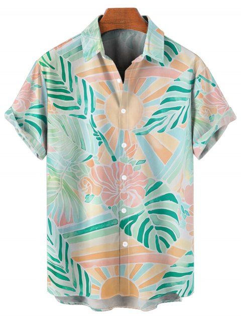 Chemise de Vacances Bagues Courtes Décontractées Motif Feuilles et Soleil Colorés