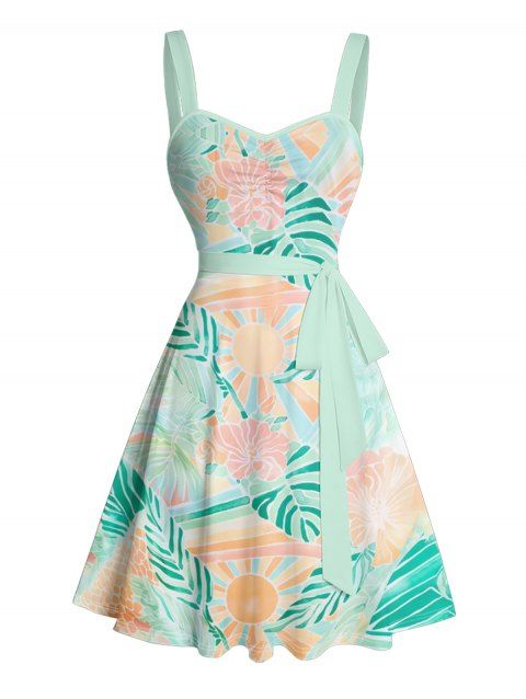 Mini Robe de Vacances Ligne A Fleurie Feuille Soleil Imprimés à Volants