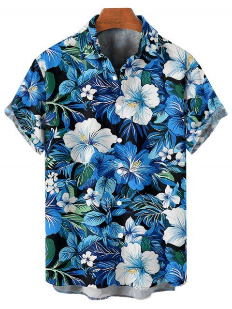 Chemise Décontractée Motif de Feuille D'Hibiscus Boutonnée à Manches Courtes